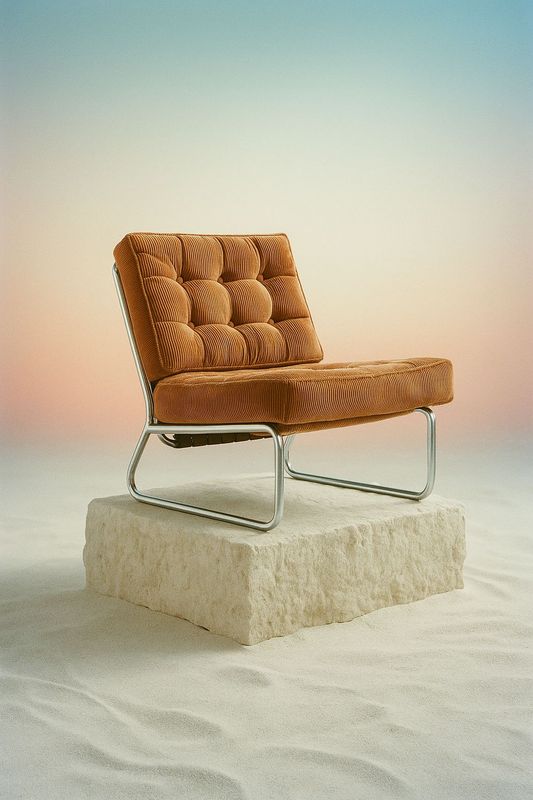 a chair sitting on top of a rock in the sand