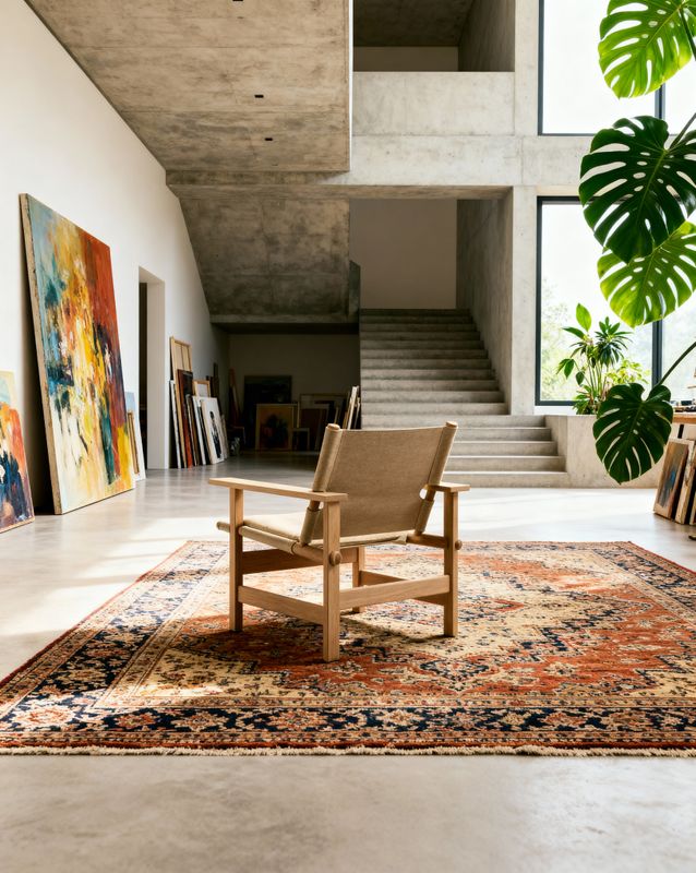 a chair sitting on top of a rug in a room