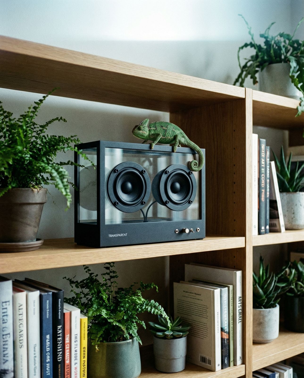 a bookshelf with plants and a stereo on top of it