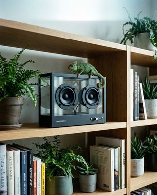 a bookshelf with plants and a stereo on top of it