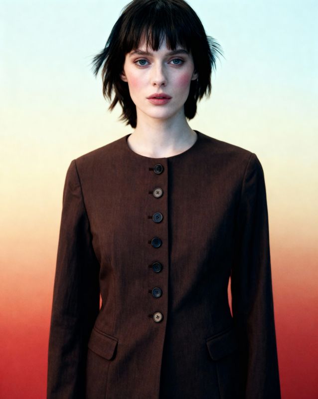 a woman with short black hair wearing a brown jacket