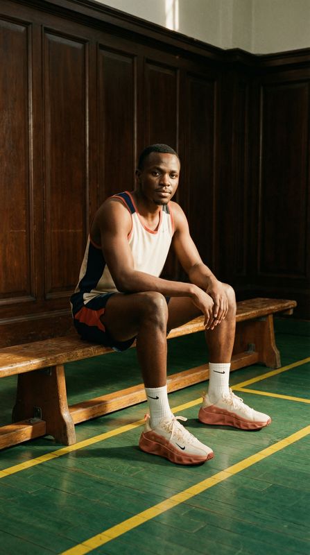 a man sitting on a bench in a locker room