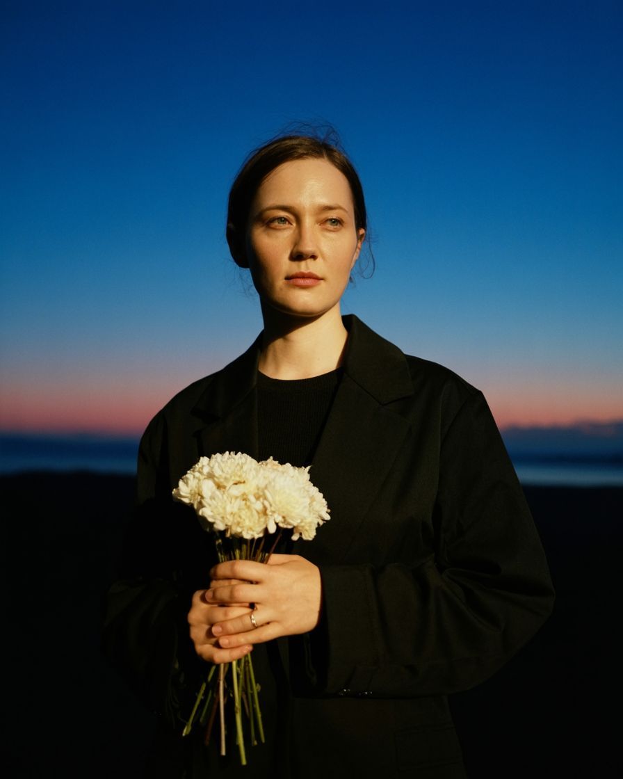 a woman holding a bouquet of white flowers