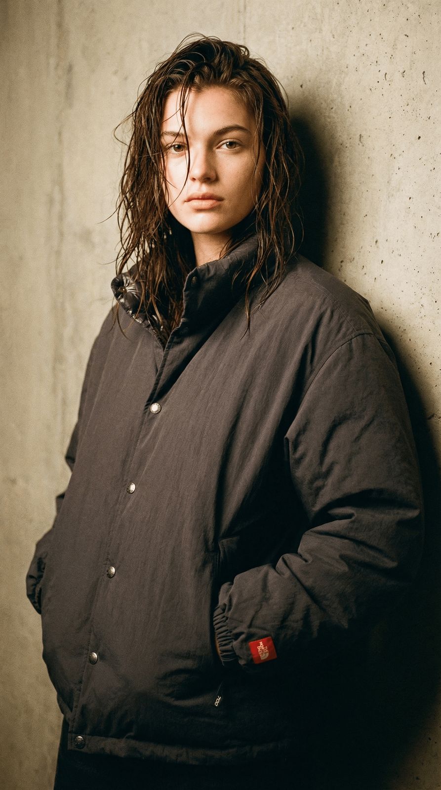 a woman leaning against a wall with her hands on her hips
