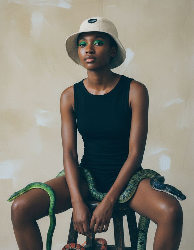 a woman sitting on a chair with a snake wrapped around her leg