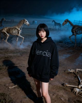 a woman standing in front of a group of skeletons