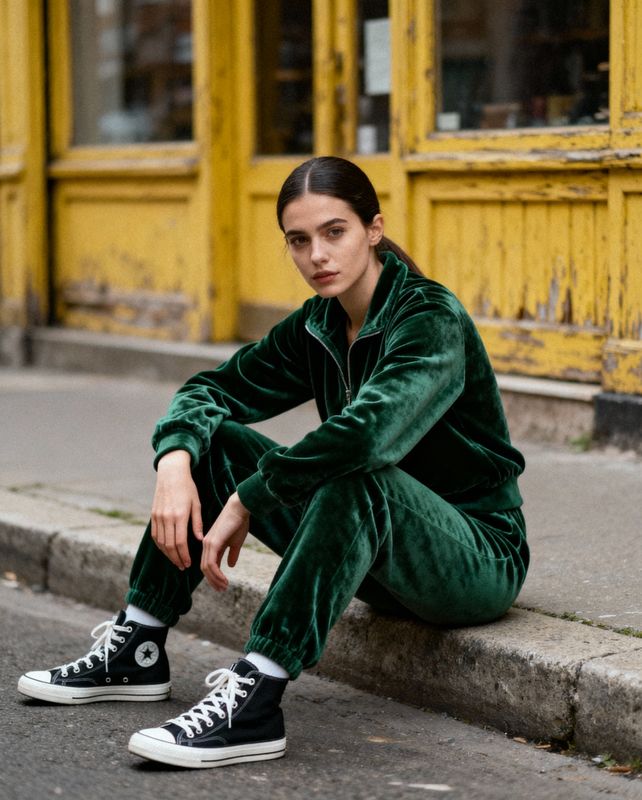 a woman sitting on the side of a street