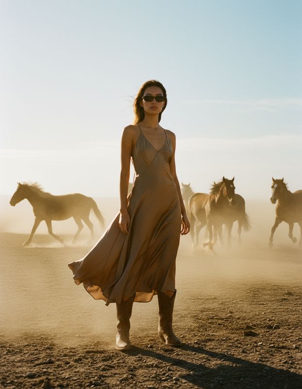 a woman in a dress standing in front of a herd of horses