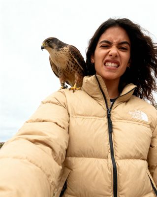 a woman holding a falcon on her shoulders