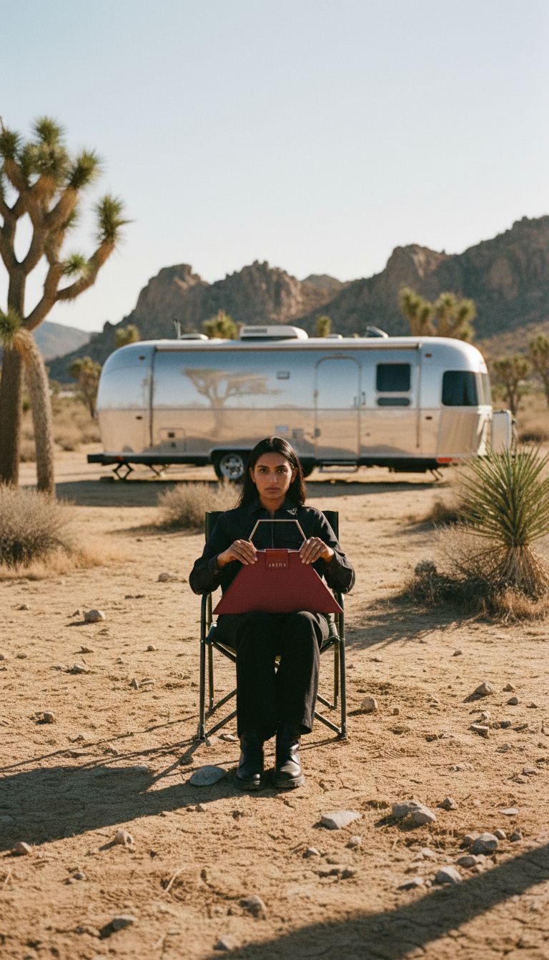a woman sitting in a chair in the desert