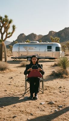a woman sitting in a chair in the desert