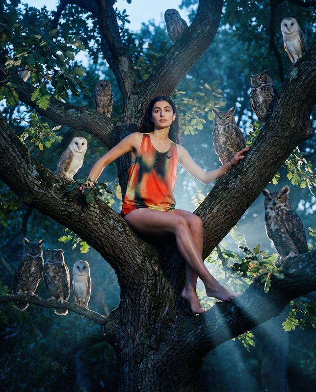 a woman sitting on top of a tree surrounded by owls