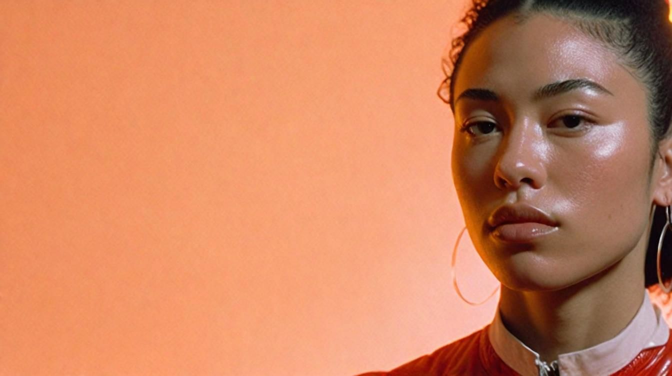 a woman wearing a red shirt and large hoop earrings