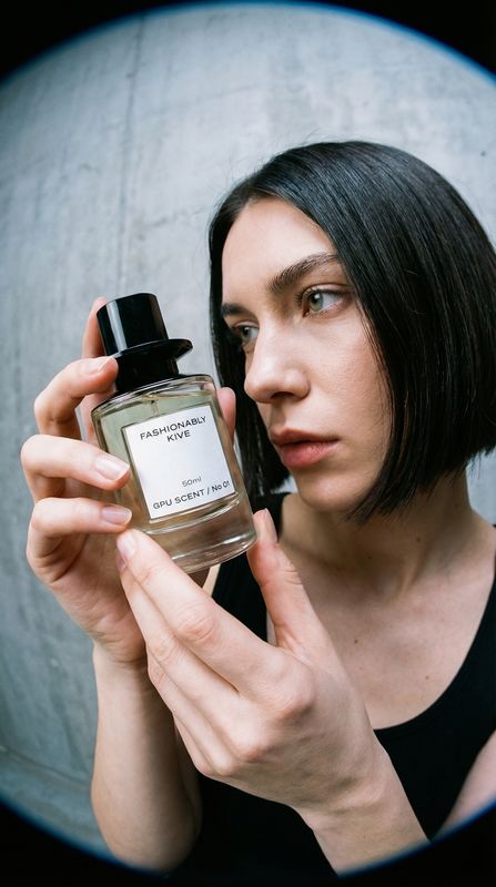 a woman holding a bottle of perfume in front of her face