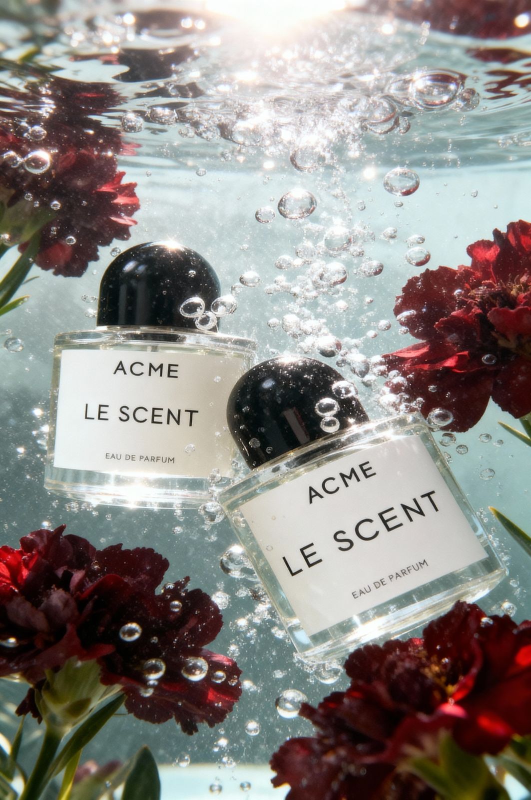 a couple of bottles of perfume sitting on top of a body of water