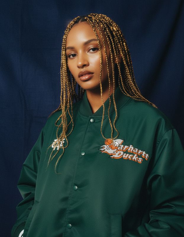 a woman wearing a green jacket with braids