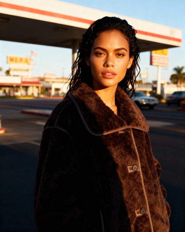 a woman standing in front of a gas station