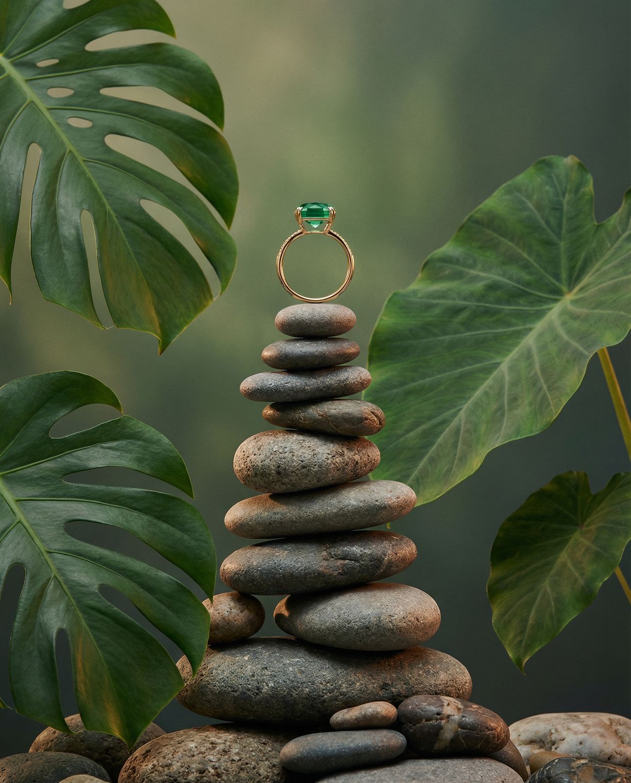 a ring sits on top of a stack of rocks