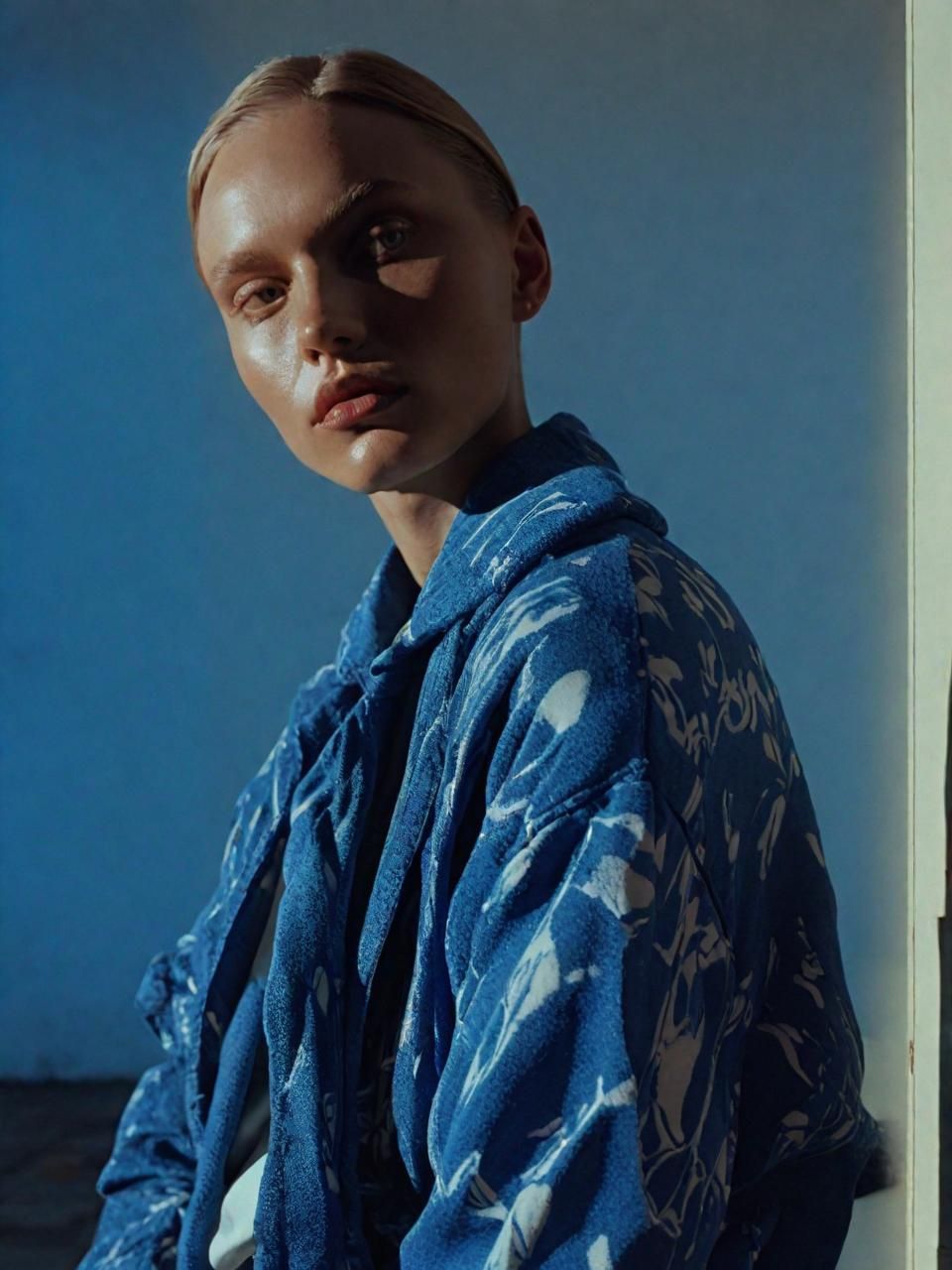 a woman in a blue jacket is standing by a wall