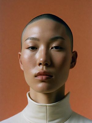 a woman with a shaved head wearing a white shirt