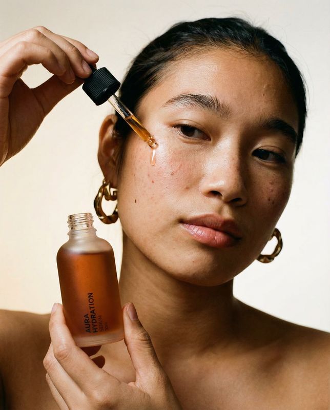 a woman holding a bottle of liquid in front of her face