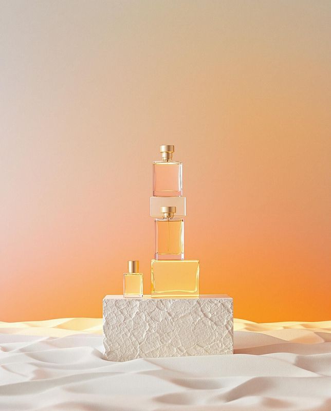 a stack of perfume bottles sitting on top of a white block