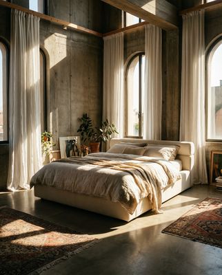 a bedroom with a large bed and two windows