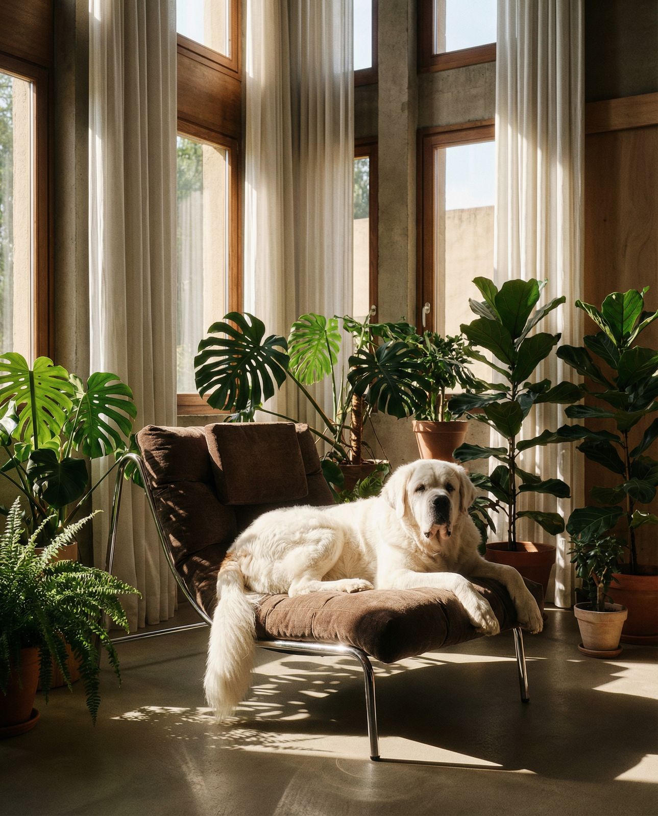 a large white dog laying on top of a chair