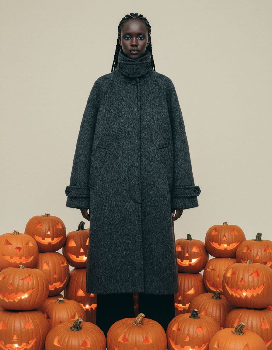 a woman standing in front of a pile of pumpkins