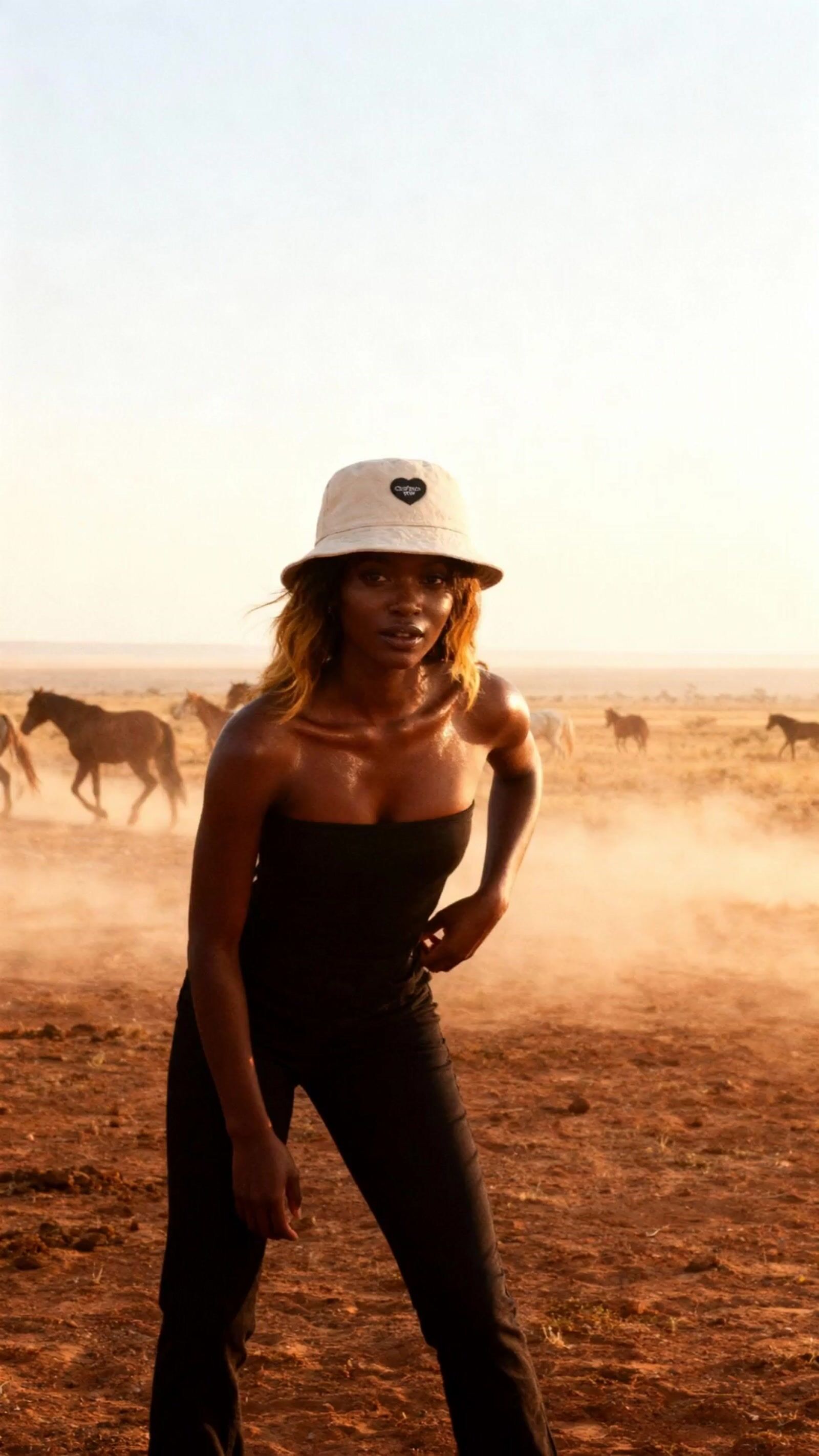 a woman wearing a hat standing in a field