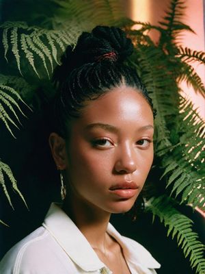 a woman with braids standing next to a plant