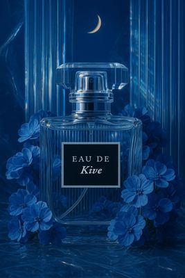 a bottle of eau de kive with blue flowers around it