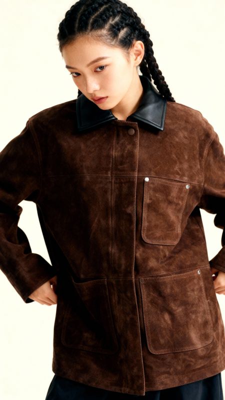 a woman wearing a brown jacket and black pants