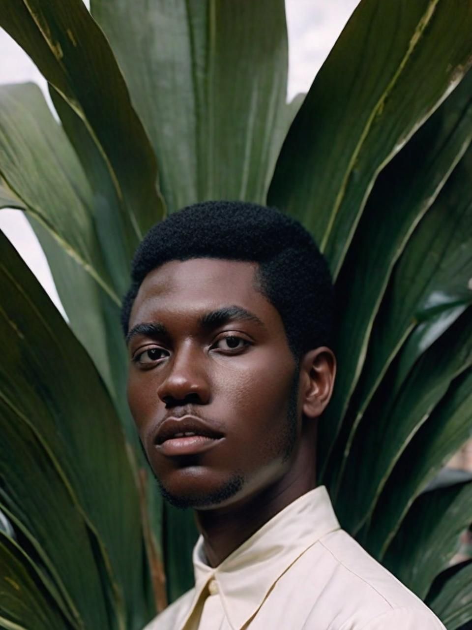 a man in a shirt and tie standing in front of a plant