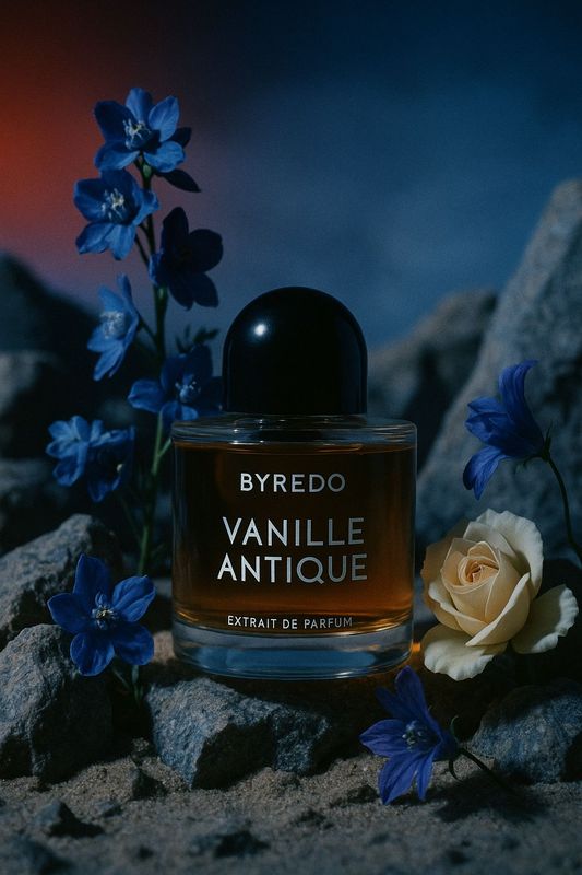 a bottle of perfume sitting on a rock next to a flower