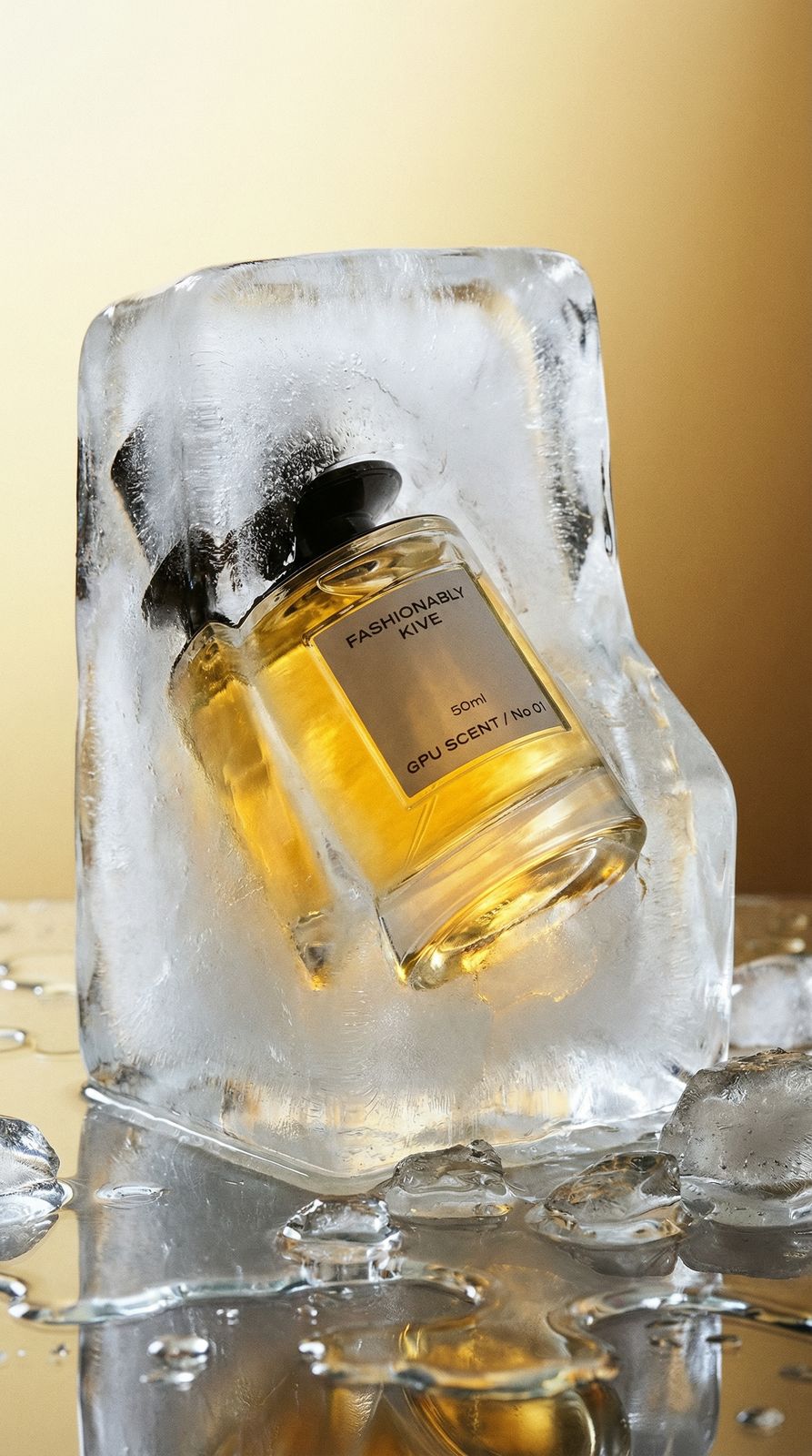 a bottle of cologne sitting on top of an ice block