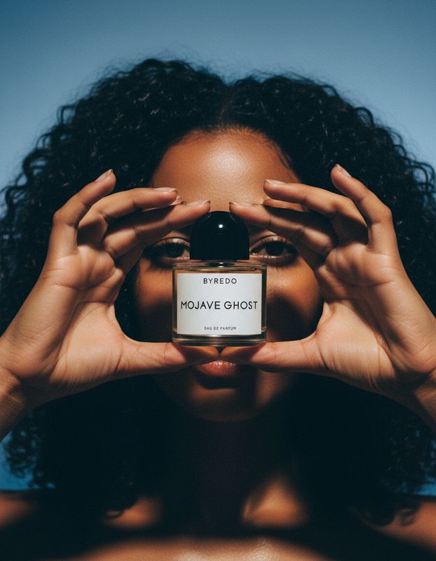a woman holding a bottle of perfume in front of her face