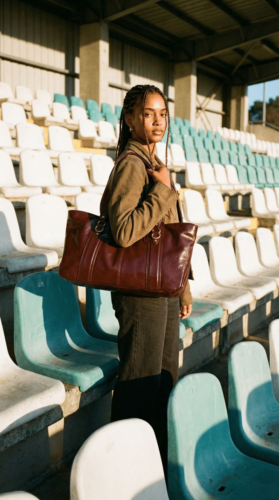 a woman standing in a stadium holding a brown bag