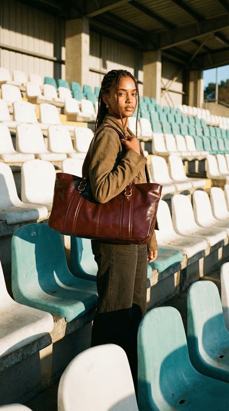 a woman standing in a stadium holding a brown bag