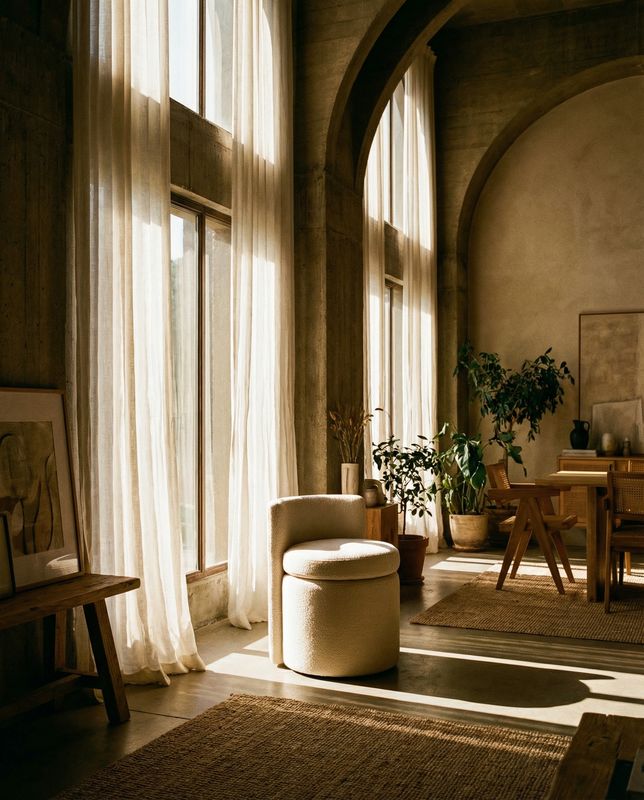 a living room filled with furniture and large windows