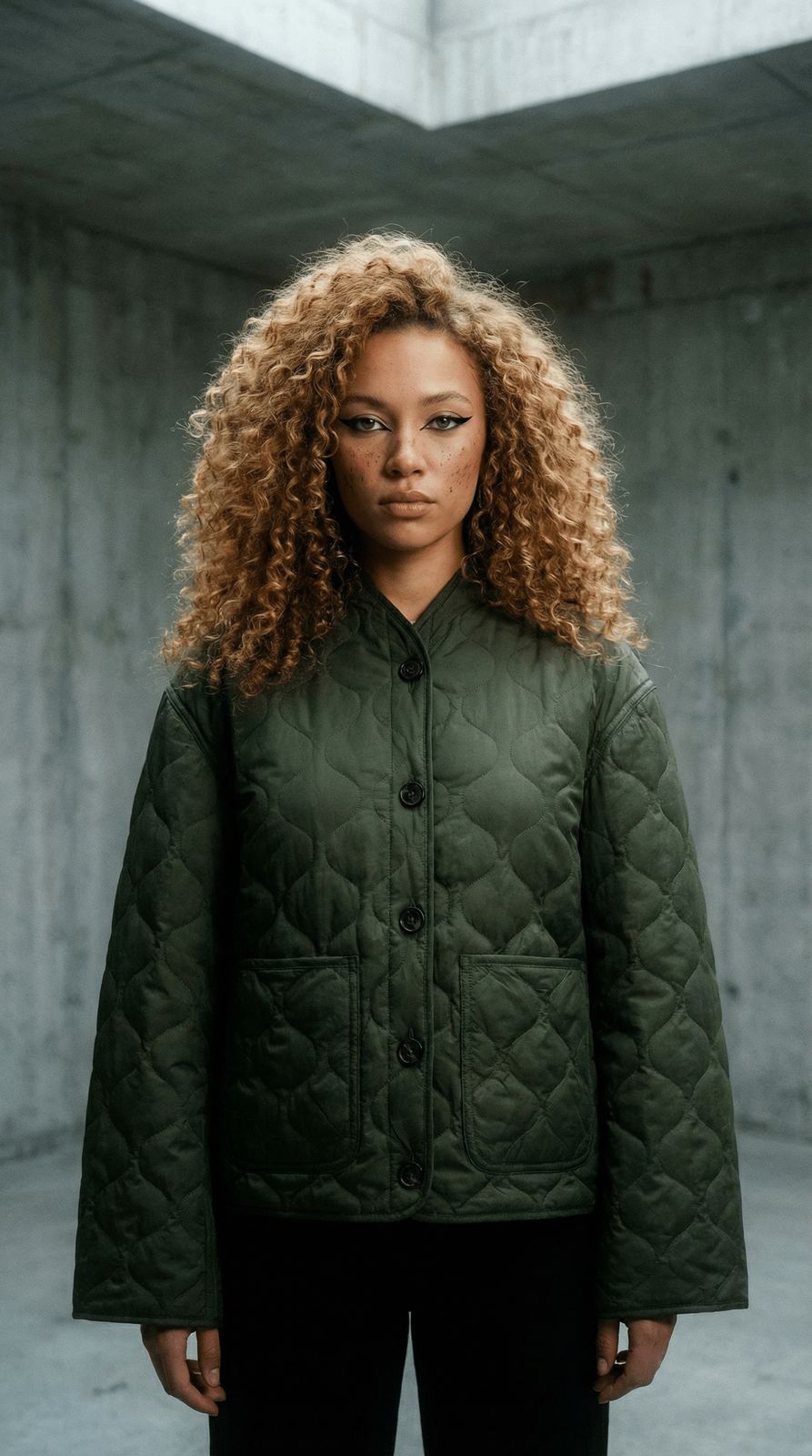 a woman with curly hair wearing a green jacket