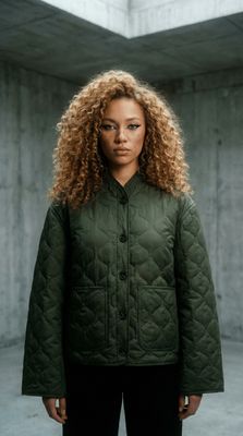 a woman with curly hair wearing a green jacket