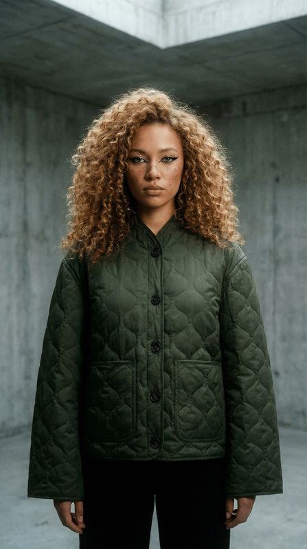 a woman with curly hair wearing a green jacket