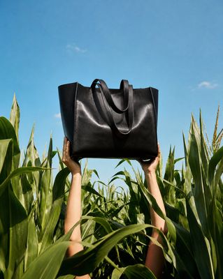 a woman holding a black bag over her head in a corn field