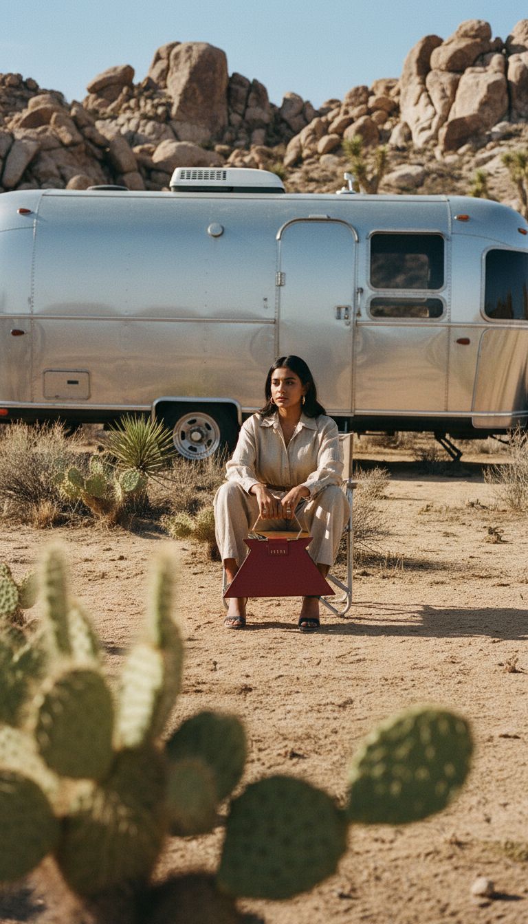 a woman sitting on a suitcase in front of a trailer