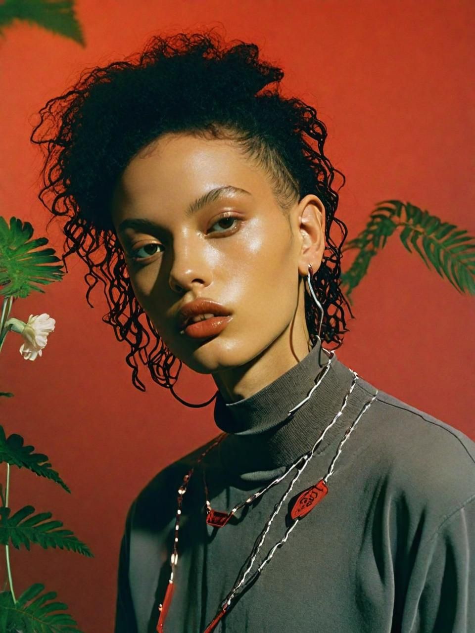 a woman with curly hair standing in front of a plant