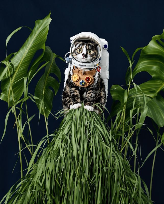 a cat in a space suit sitting on top of a plant