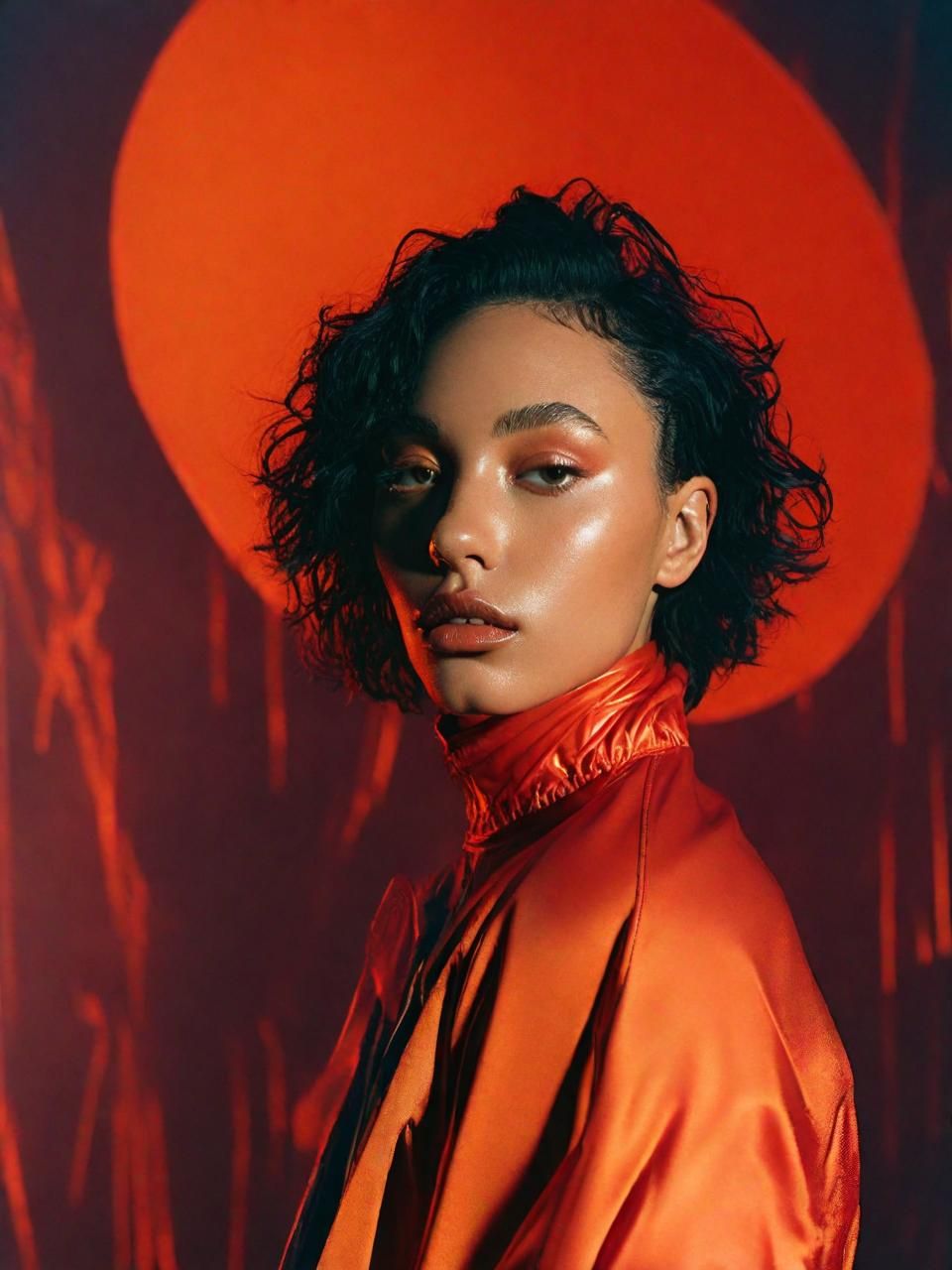 a woman with dark hair wearing an orange outfit