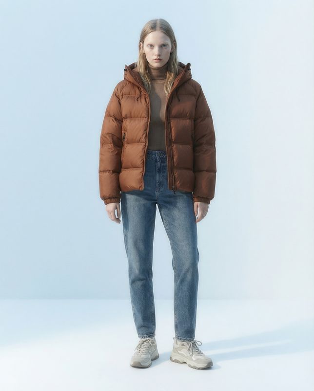 a woman wearing a brown jacket and jeans