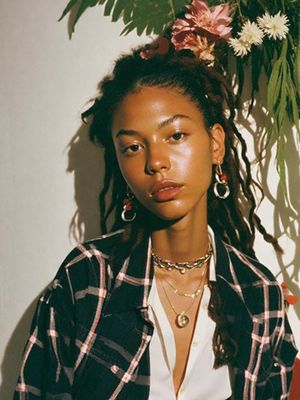 a woman with dreadlocks standing in front of a plant